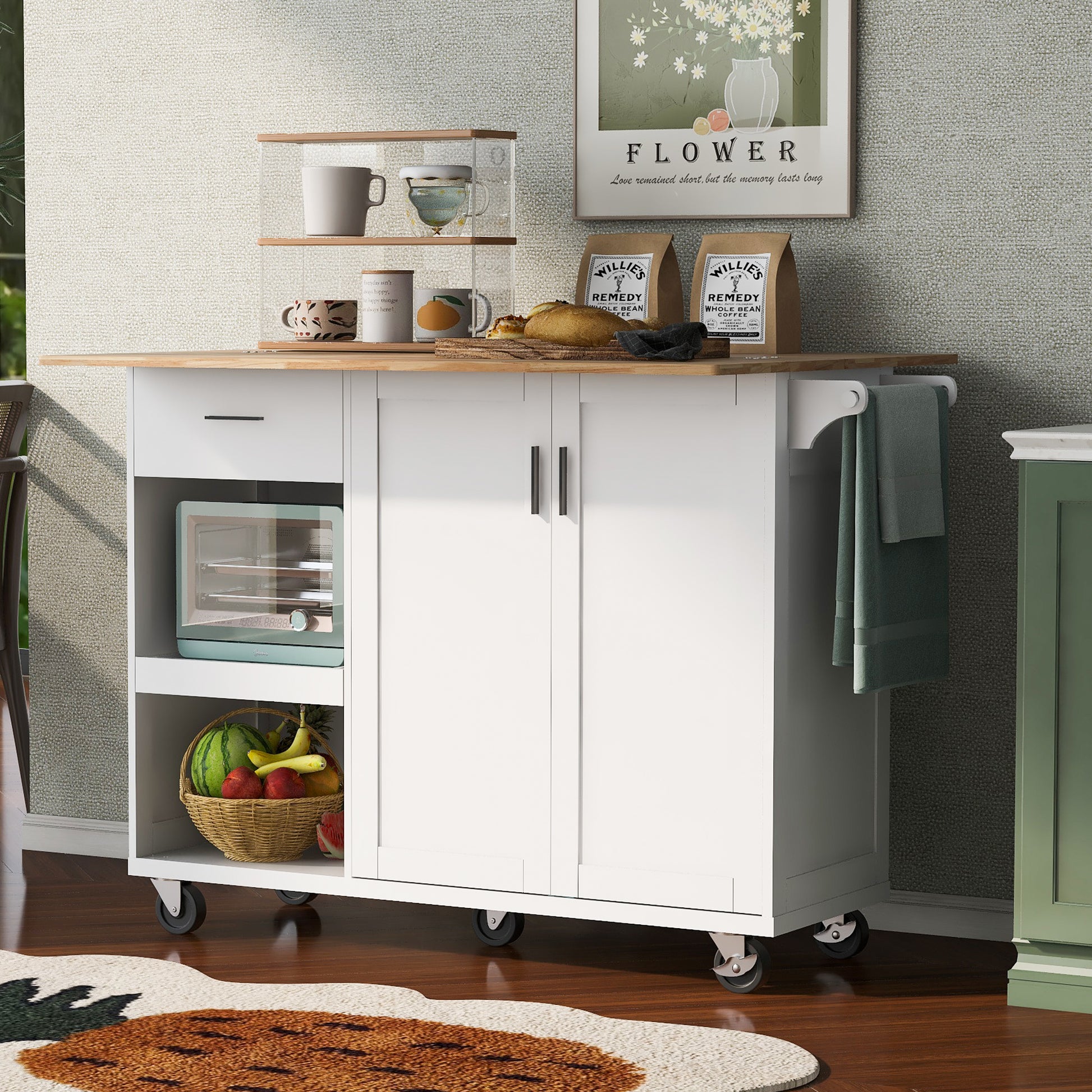 K&K Kitchen Island With Foldable Counter Top, Kitchen Storage Cart With Slide Out Shelf, Towel Rack And Drawer, Rolling Kitchen Cart On Wheels, For Kitchen, Living Room, Dining Room, White White Brown Kitchen Classic,Farmhouse,Luxury,Modern Rectangular