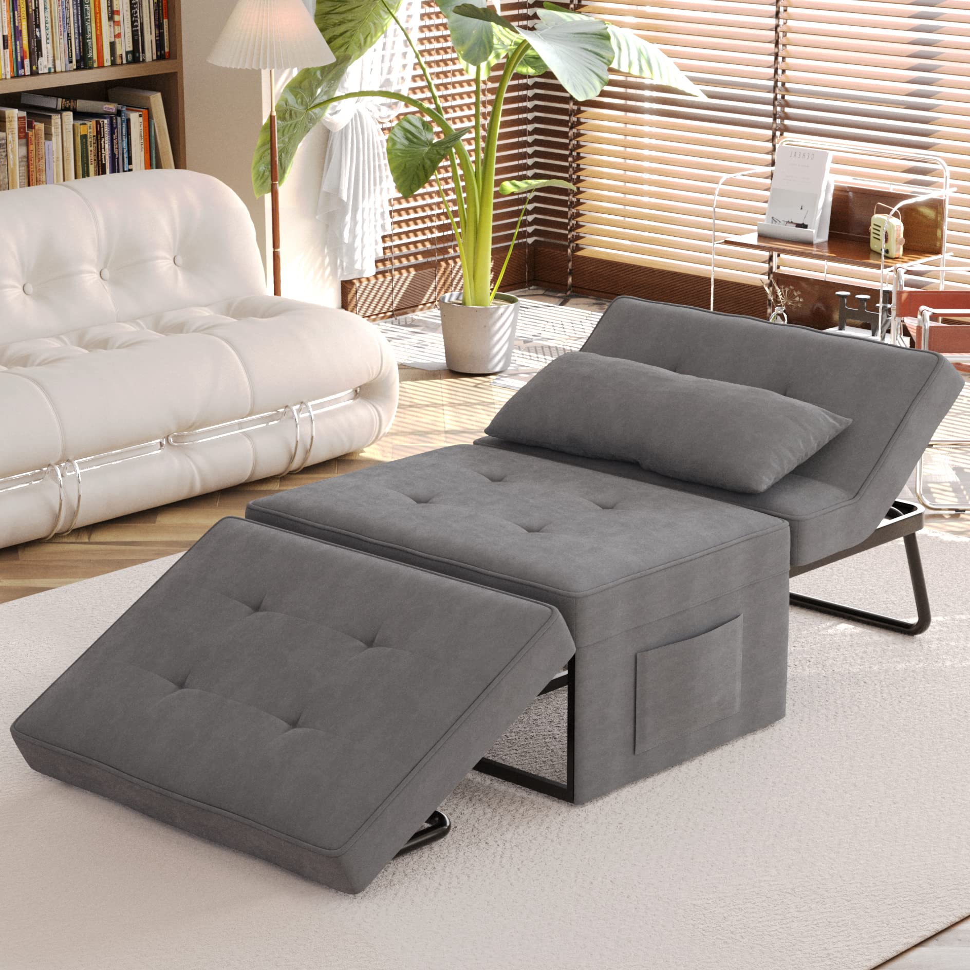 Sofa Bed,Chair Bed,Sleeper Couch,4 In 1 Multi Function Folding Ottoman Bed With Slide Storagepocket For Living Room,Bedroom,Hallway Dark Gray Espresso Bedroom Mid Century Modern Oak Upholstered Fabric