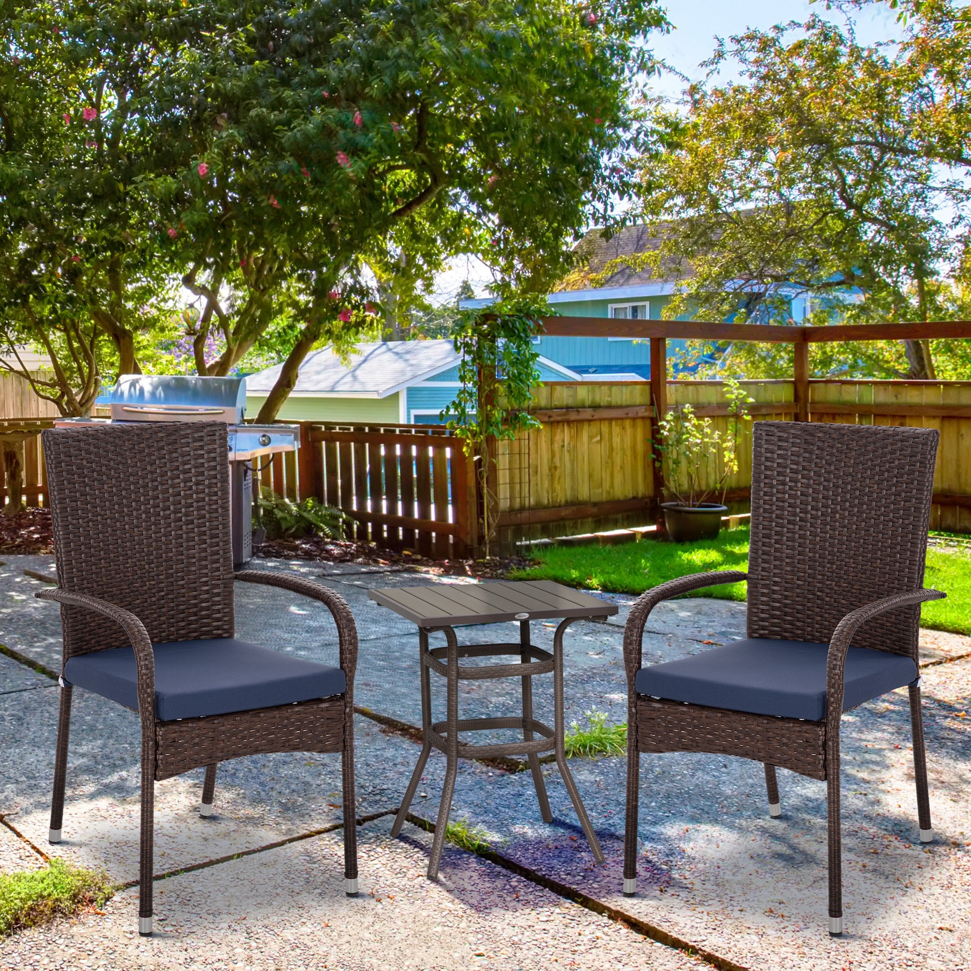 Outsunny Stackable Pe Rattan Outdoor Dining Chairs With Cushions, Set Of 2 Patio Wicker Dining Chairs With Armrests And Backrest For Patio, Deck, Cream White Blue Steel