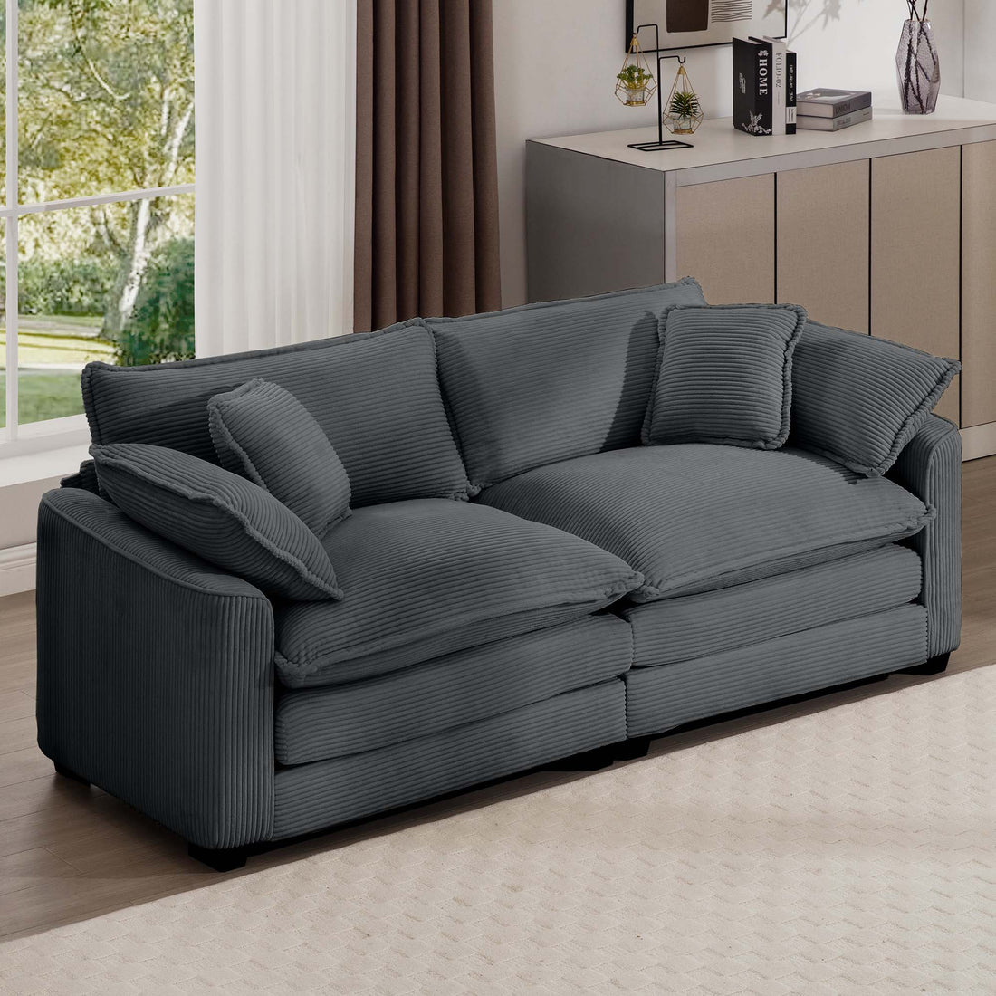 Modern Fabric Living Room Sofa With 4 Pillows Upholstered Large Deep Seating Loveseat, Grey Corduroy Grey Corduroy 2 Seat