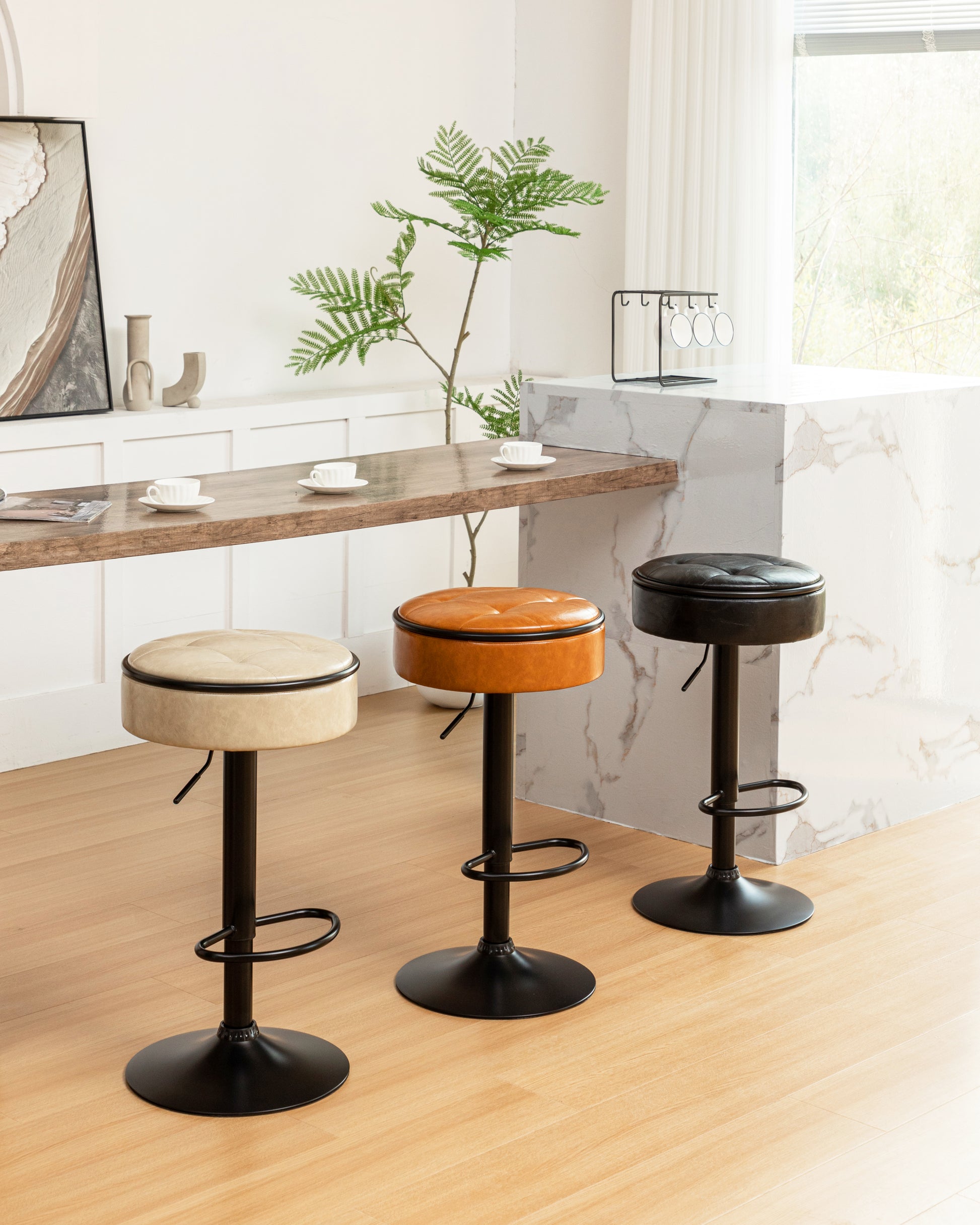 Round Storage Bar Stool Set Of 2, Black Faux Leather Height Adjustable Barstool, 360 Counter Height Swivel Stool, Armless Bar Chair With Metal Frame For Kitchen Counter Dining Living Room Black Set Of 2 Foam Pu Leather
