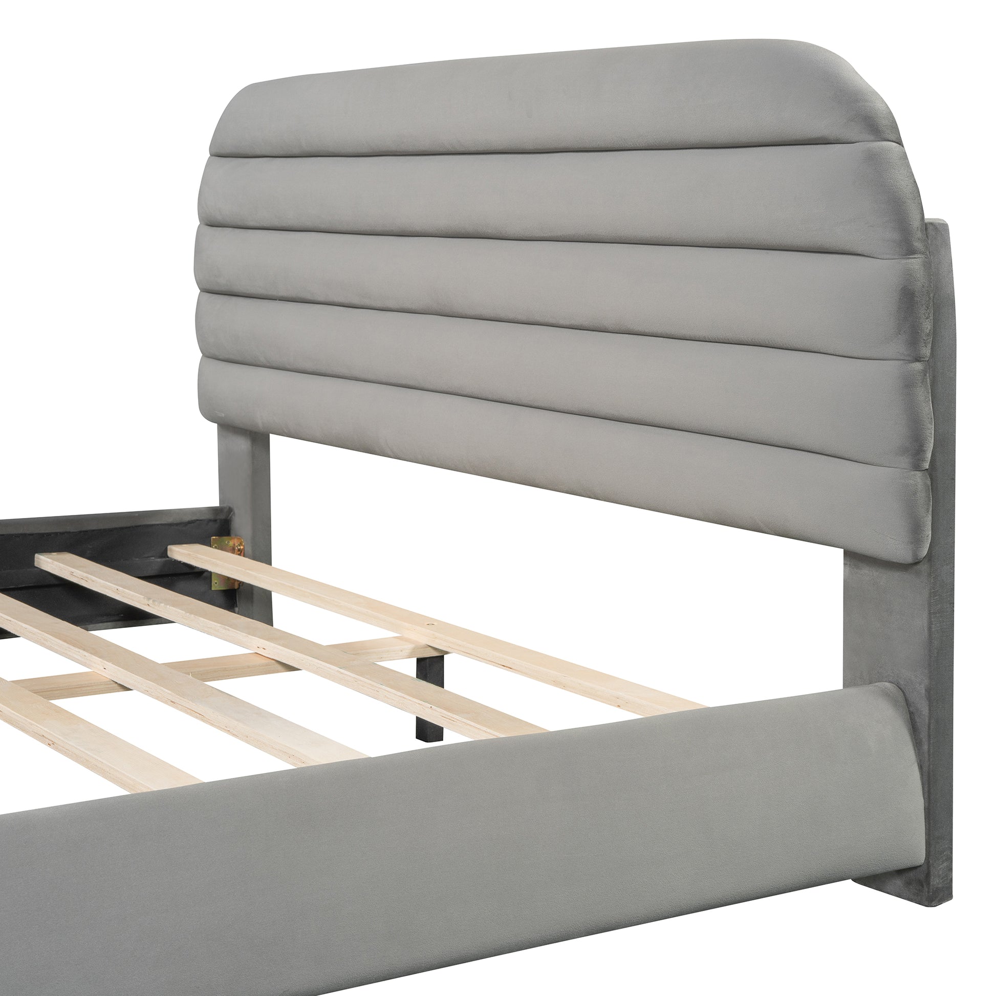 Queen Size Velvet Upholstered Platform Bed,Solid Frame And Stylish Curve Shaped Design, Gray Queen Gray Velvet