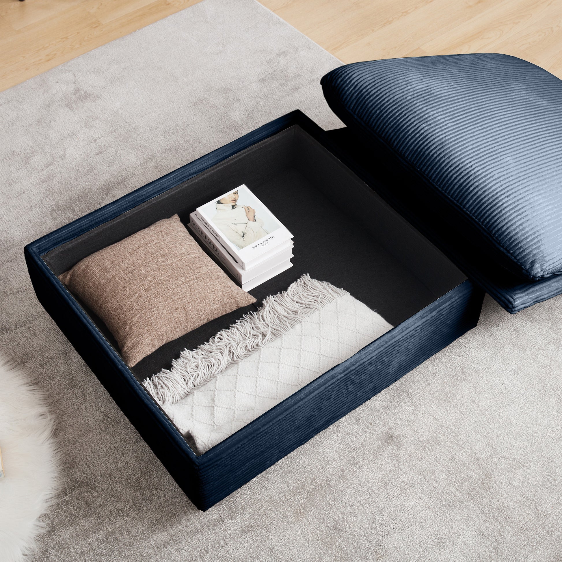 Bule Corduroy Sofa Couch, Modular Couch With Storage Ottoman, Couch Deep Seat Couches For Modern Living Room Apartment Office Blue Corduroy 1 Seat