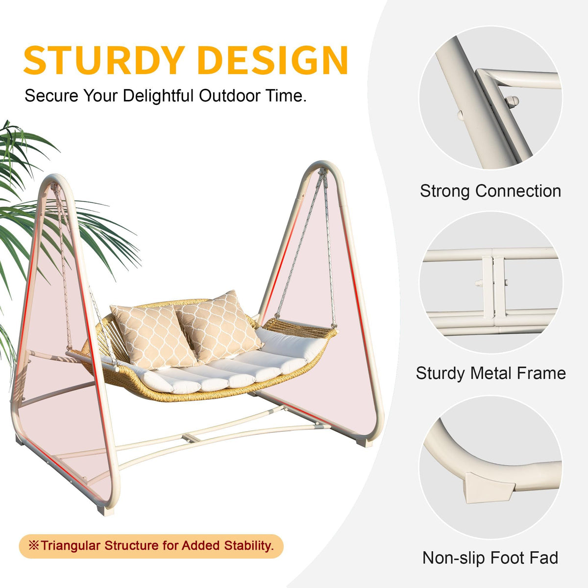 Outdoor Patio Porch Swing, 2 Seat Hanging Swing Chair With Thickened Cushions And Pillow, Rattan Porch Swing Chair Outdoor Hammock Chair For Porch, Backyard, Garden Yes White Garden & Outdoor 2 Person Seating Group Steel
