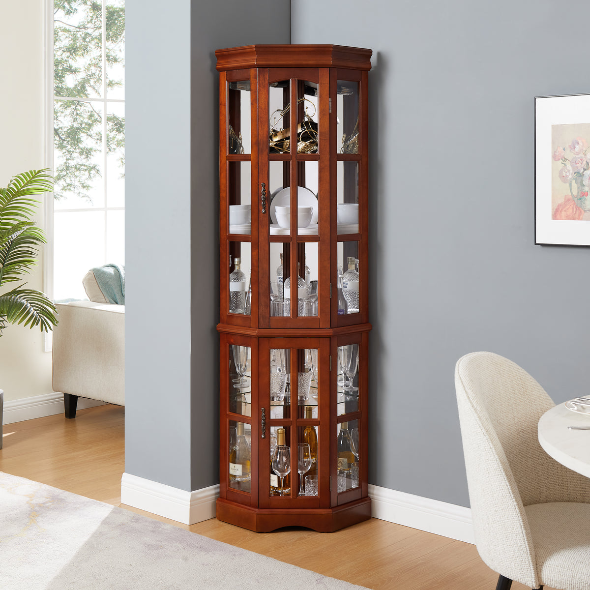 Corner Curio Cabinet With 5 Shelves And Lighting System, Walnut E26 Light Bulb Not Included Walnut Mdf