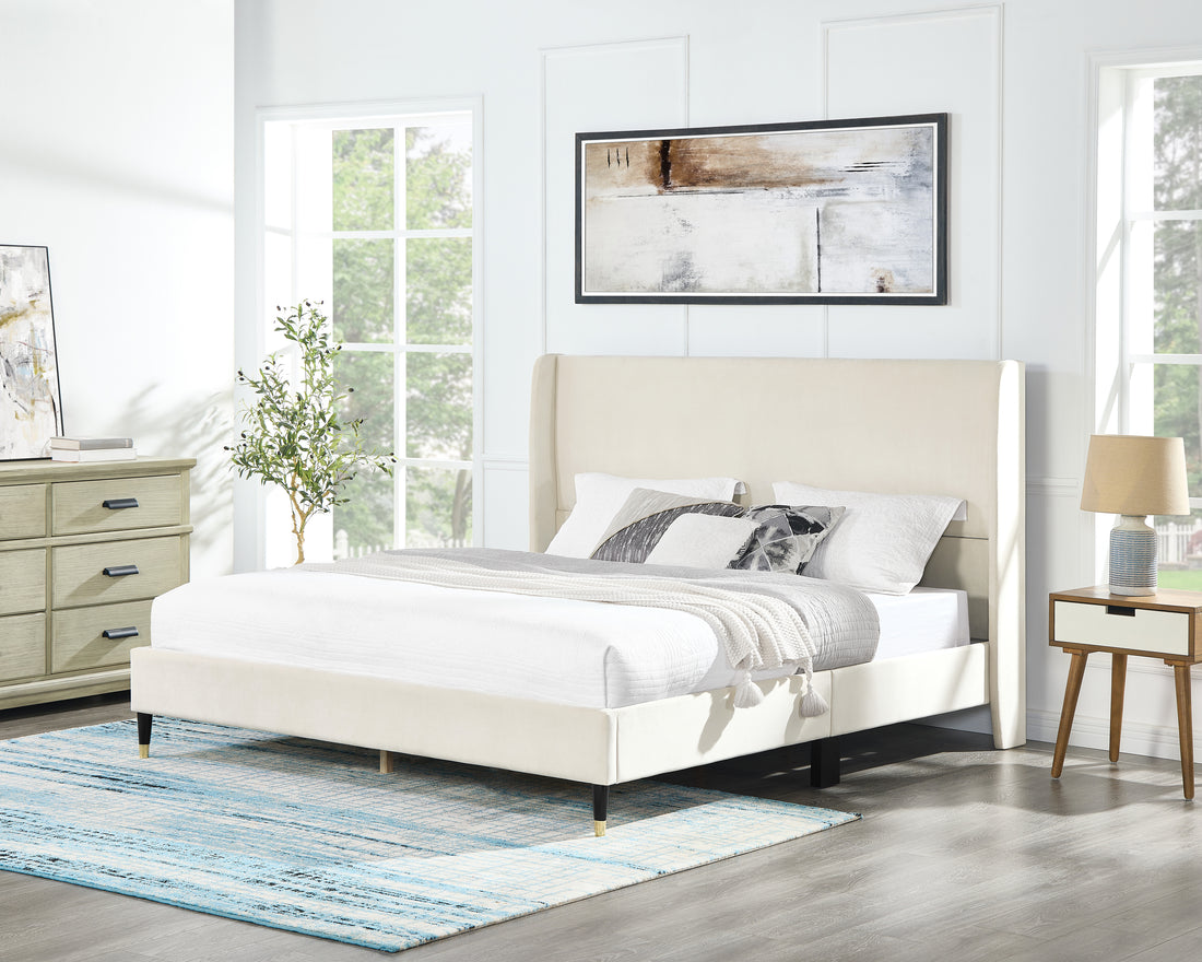 Rozitta Beige Velvet Wingback Platform Bed, Queen Box Spring Not Required Queen Beige Wood Bedroom Contemporary Wingback Mdf Velvet Particle Board Mdf