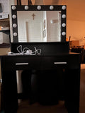 Vanity Desk With Mirror And Lights, Dressing Table With Large Drawer, 2 Level Storage Dresser & 3 Lighting Modes Adjustable Brightness, Suitable For Bedroom Black Black Particle Board