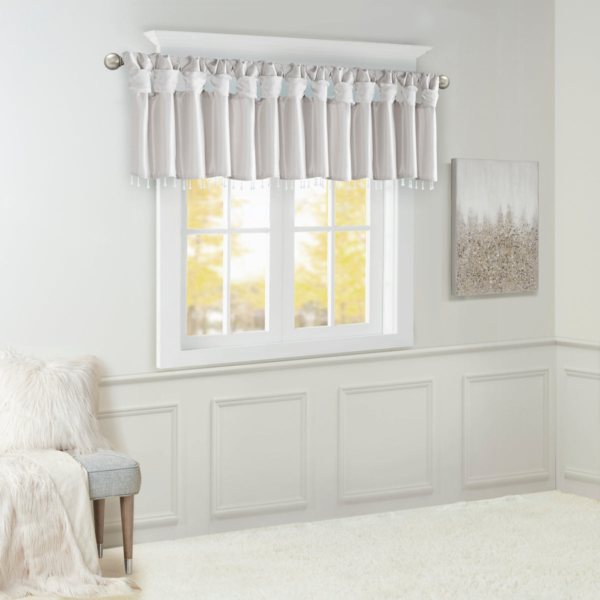 Lightweight Faux Silk Valance With Beads Silver 50X26" Silver Polyester