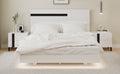 Modern High Gloss 3 Piece Bedroom Set Floating Bed Frame Queen Size Platform Bed With Led Light & 2 Nightstands, White Box Spring Not Required Queen White Wood 3 Piece Set Solid Wood Mdf