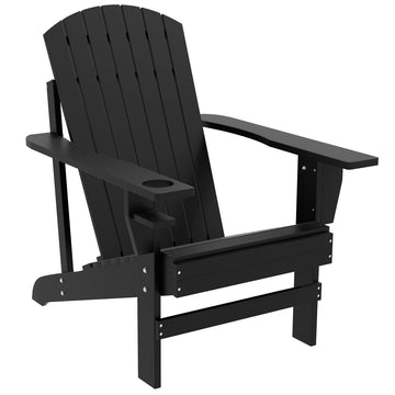 Outsunny Wooden Adirondack Chair, Outdoor Patio Lawn Chair With Cup Holder, Weather Resistant Lawn Furniture, Classic Lounge For Deck, Garden, Backyard, Fire Pit, Black Black Wood