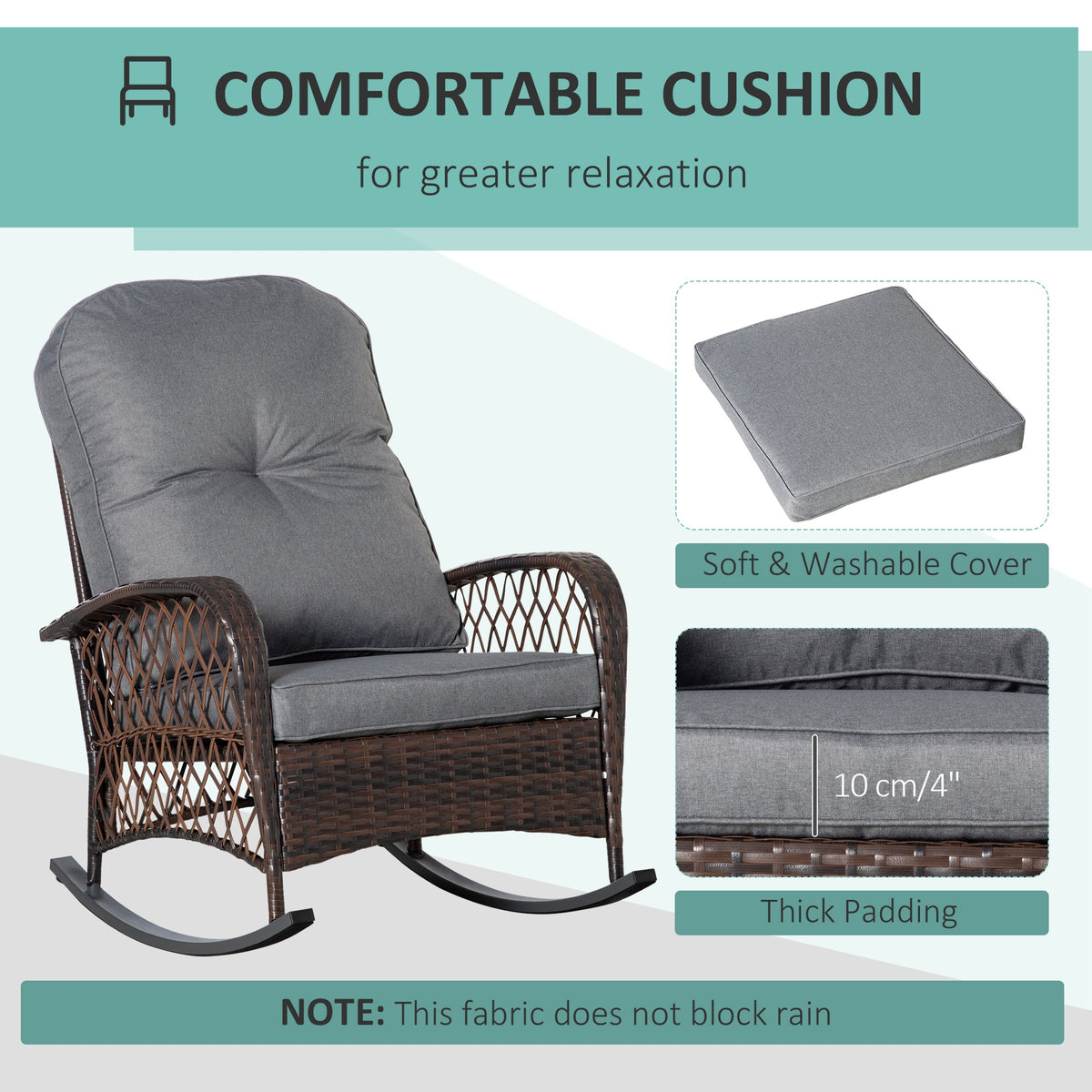 Outsunny Outdoor Wicker Rocking Chair With Wide Seat, Thick, Soft Cushion, Rattan Rocker W Steel Frame, High Weight Capacity For Patio, Garden, Backyard, Grey Gray Steel