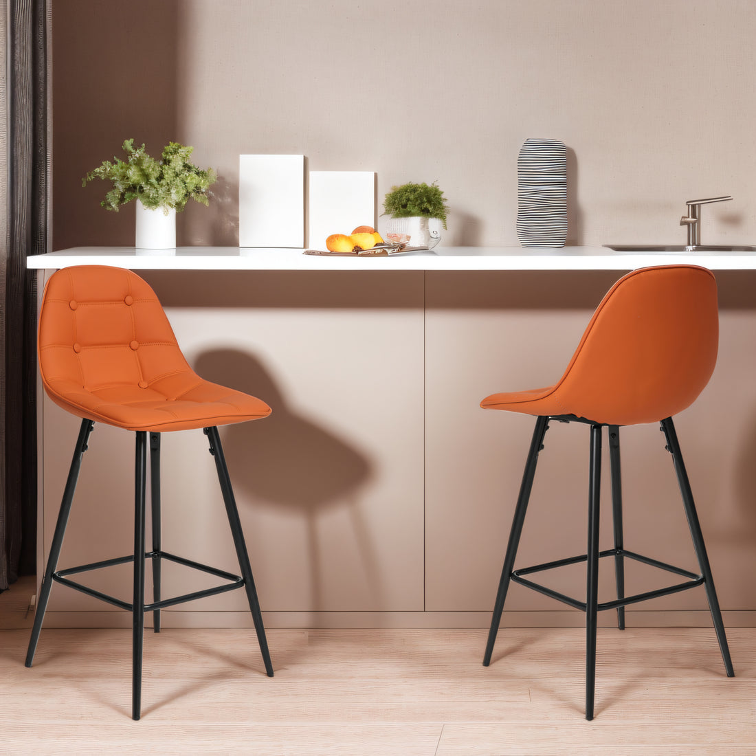 Counter Stools,Set Of 2 Bar Stools With Back And Footrest, Modern Metal Counter Height Barstools For Kitchen Home Bar,25.5" Armless Barstool Chairs Brown Leather