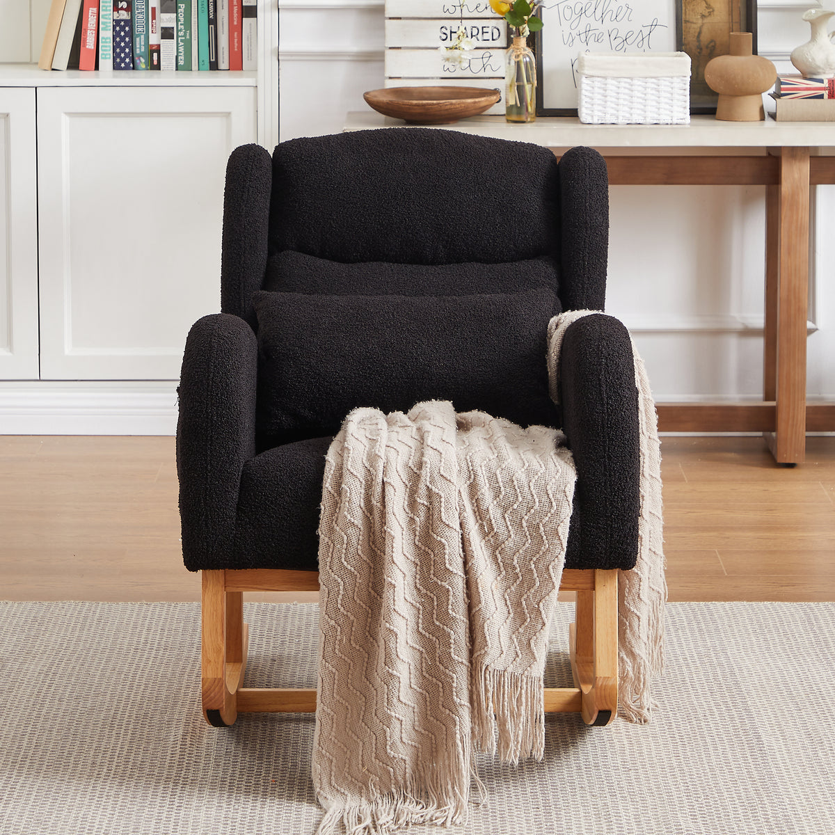 27.2"W Modern Accent High Backrest Living Room Lounge Arm Rocking Chair, Two Side Pocket Black Foam Fabric