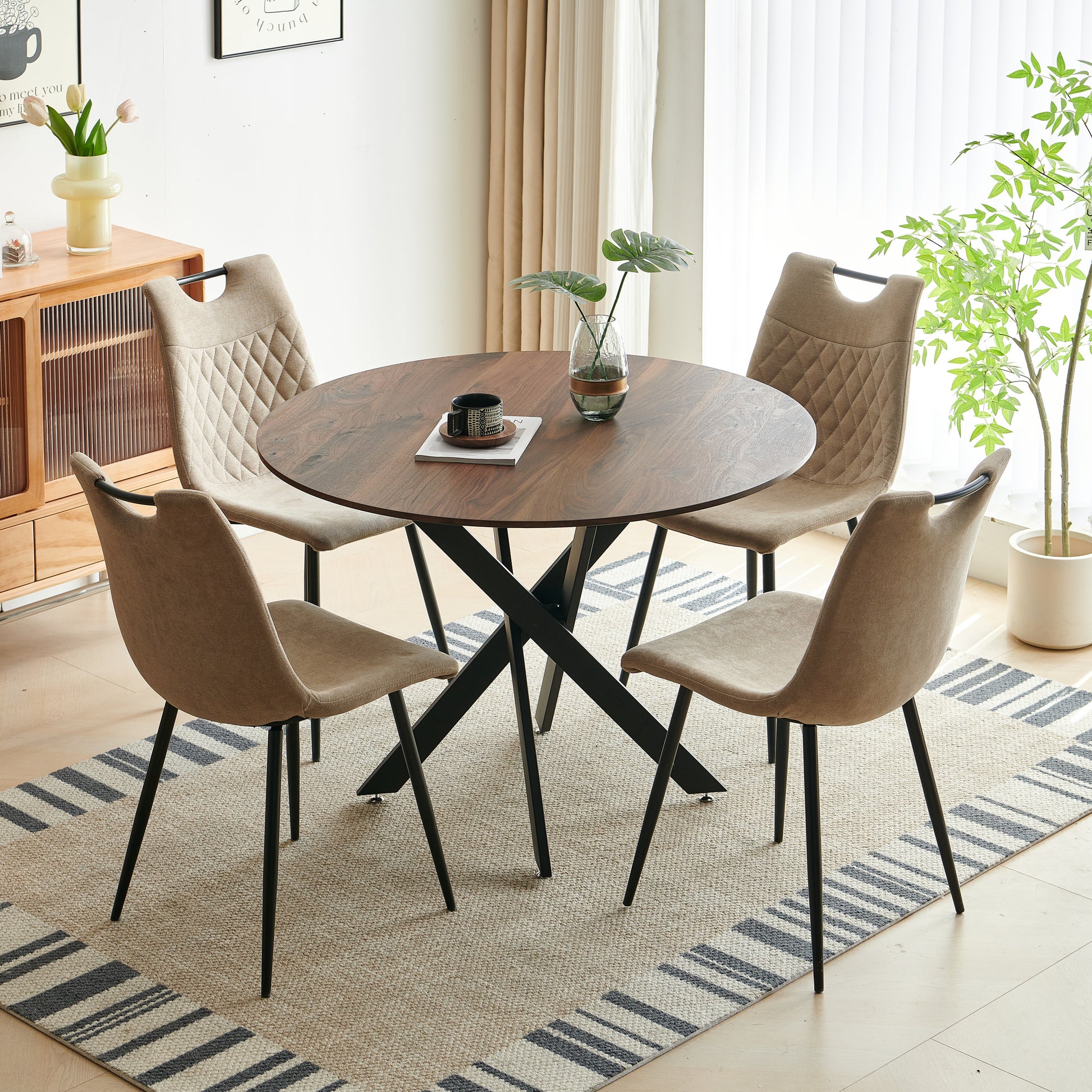 1 4,5Pieces Dining Set, Table Metal Leg Mid Century Dining Table For 4 6 People With Mdf Table Top, Pedestal Dining Table, End Table Leisure Coffee Table Beige Brown Fabric Metal