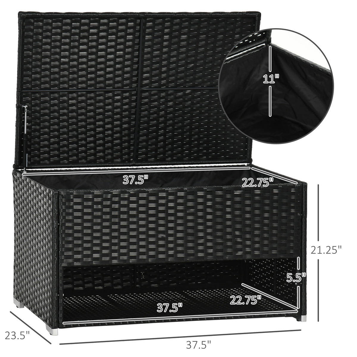 Outsunny Outdoor Deck Box & Shoe Storage, Pe Rattan Wicker Towel Rack With Liner For Indoor, Outdoor, Patio Furniture Cushions, Pool, Toys, Garden Tools, Black Black Steel