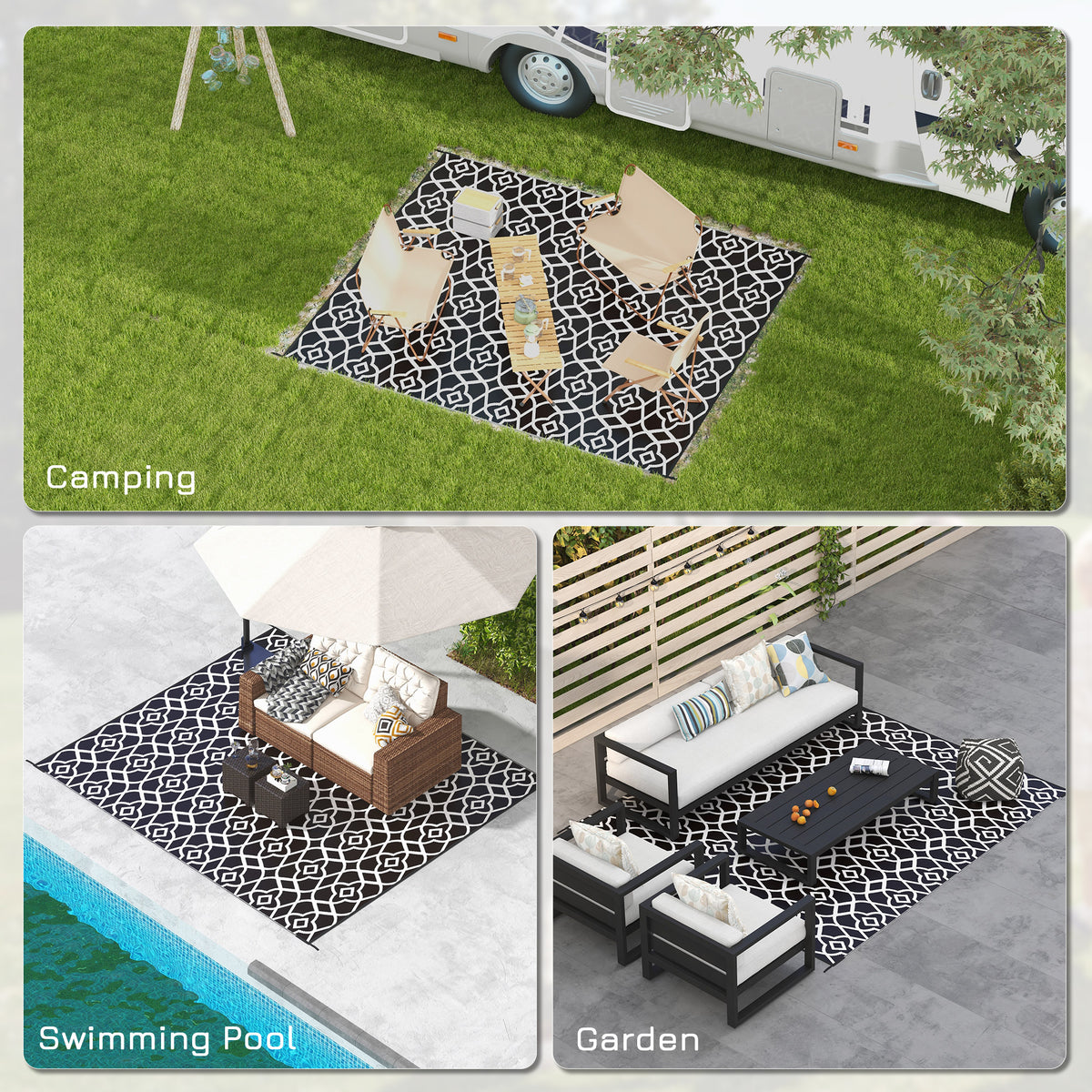 Outsunny Reversible Outdoor Rug, 8' X 10' Waterproof Plastic Straw Floor Mat, Portable Rv Camping Carpet With Carry Bag, Large Floor Mat For Backyard, Deck, Picnic, Beach, Black & White Cr Multicolor Polypropylene