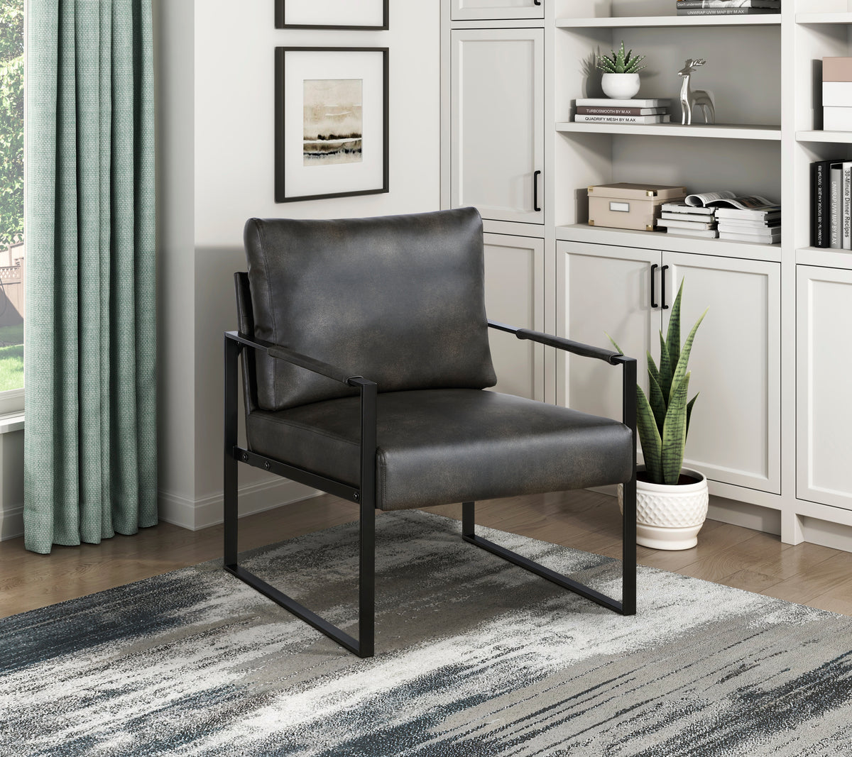 Modern Accent Chair Cushioned Seat Dark Gray Faux Leather Upholstery Black Metal Frame 1Pc Style Comfort Durability Elegance Look Dark Gray Primary Living Space Industrial,Mid Century Modern,Modern