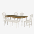 Vintage Traditional 6 Piece 82.7Inch Extendable Dining Table Set With 23.6Inch Removable Leaf, 50.4Inch Upholstered Dining Bench And 4 Chairs For 6, Brown Cream Wood Dining Room Distressed Finish Rubberwood Rectangular Dining Table With Bench Wood Wood