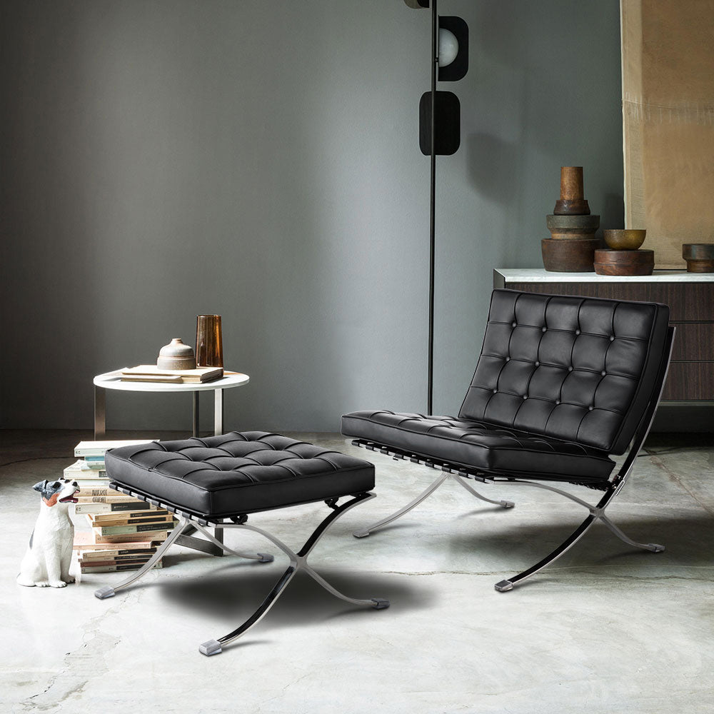 Mid Century Foldable Lounge Chair With Ottoman Black Genuine Leather 1 Seat