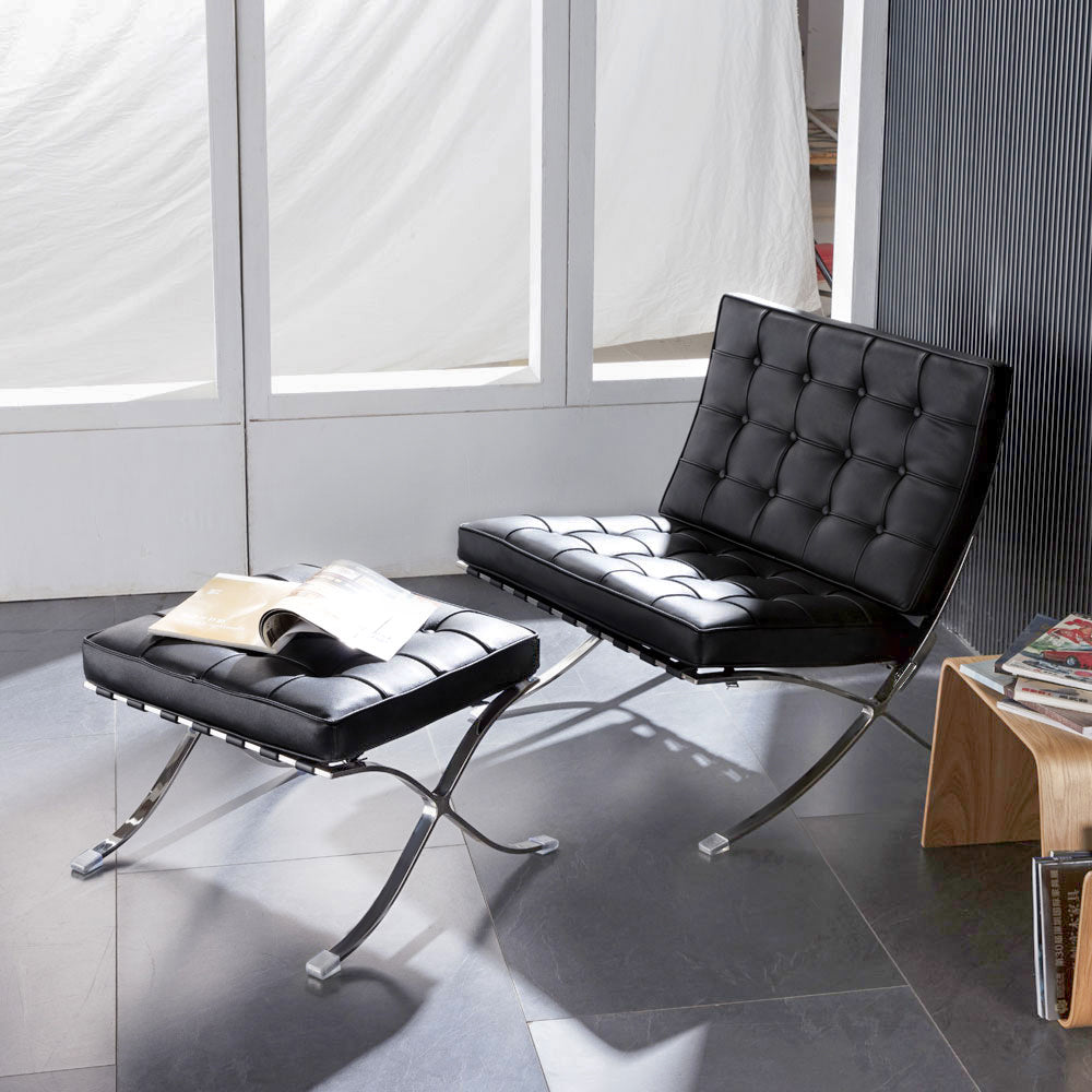 Mid Century Foldable Lounge Chair With Ottoman Black Genuine Leather 1 Seat