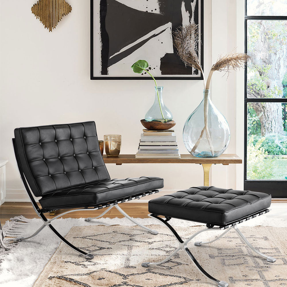 Mid Century Foldable Lounge Chair With Ottoman Black Genuine Leather 1 Seat