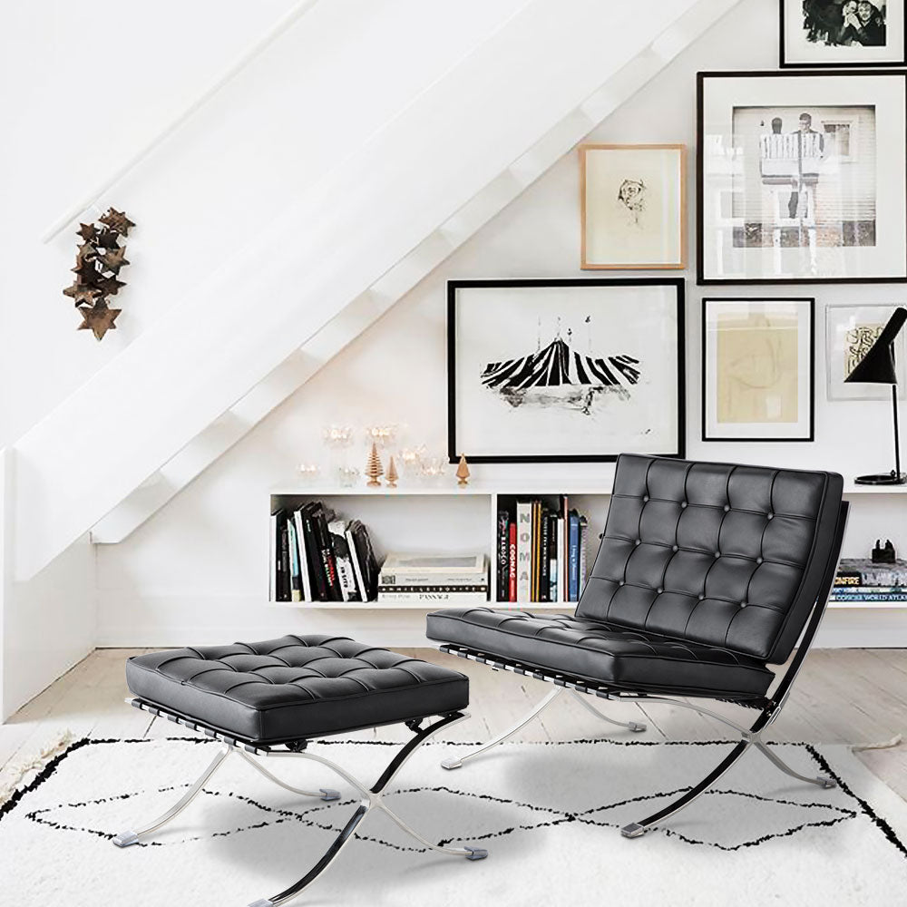 Mid Century Foldable Lounge Chair With Ottoman Black Genuine Leather 1 Seat