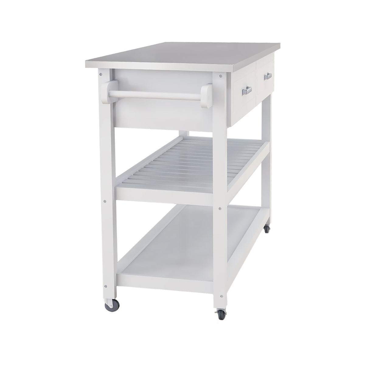Stainless Steel Table Top White Kicthen Cart With Two Drawers White Mdf