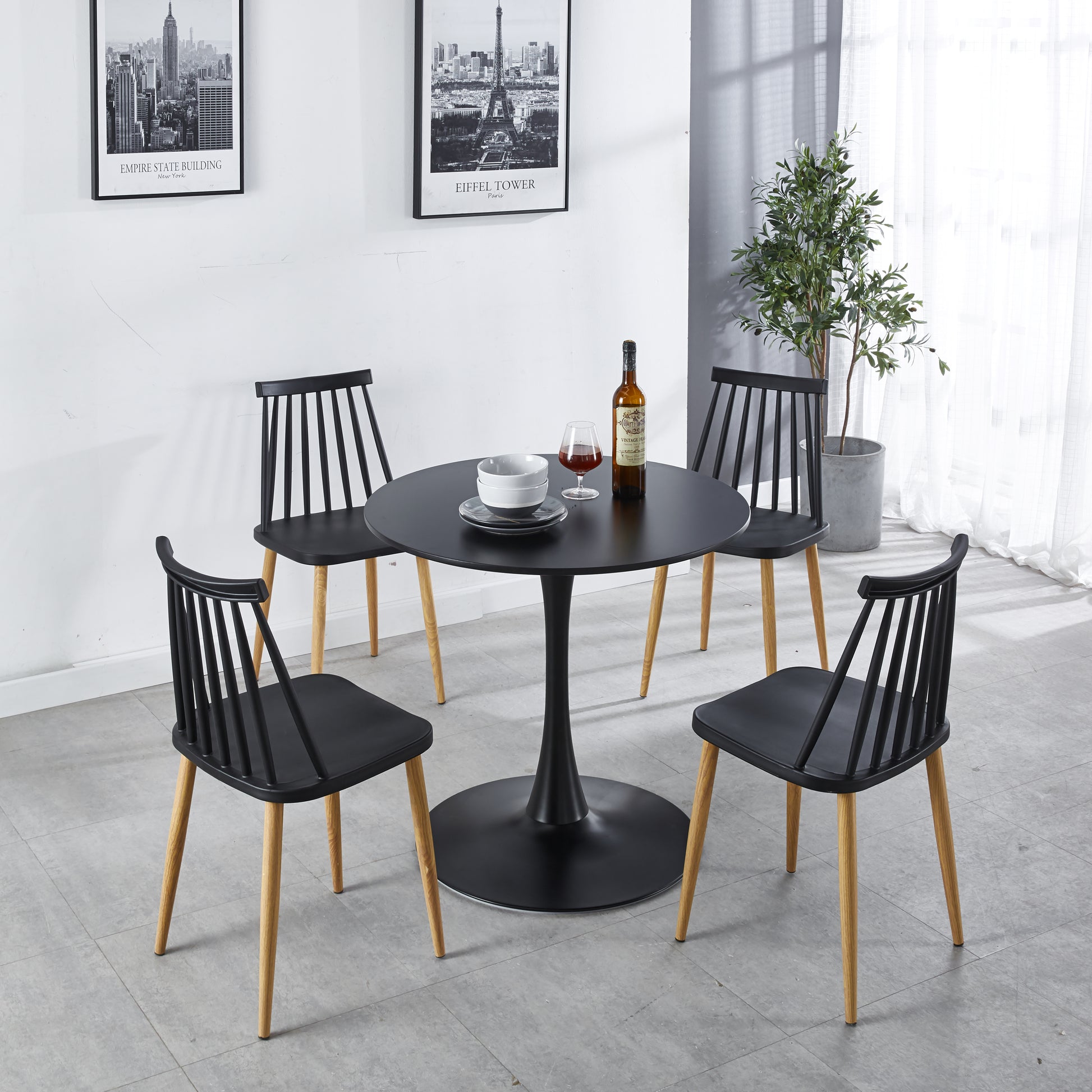 31.5"Black Tulip Table Mid Century Dining Table For 2 4 People With Round Mdf Table Top, Pedestal Dining Table, End Table Leisure Coffee Table Black Metal