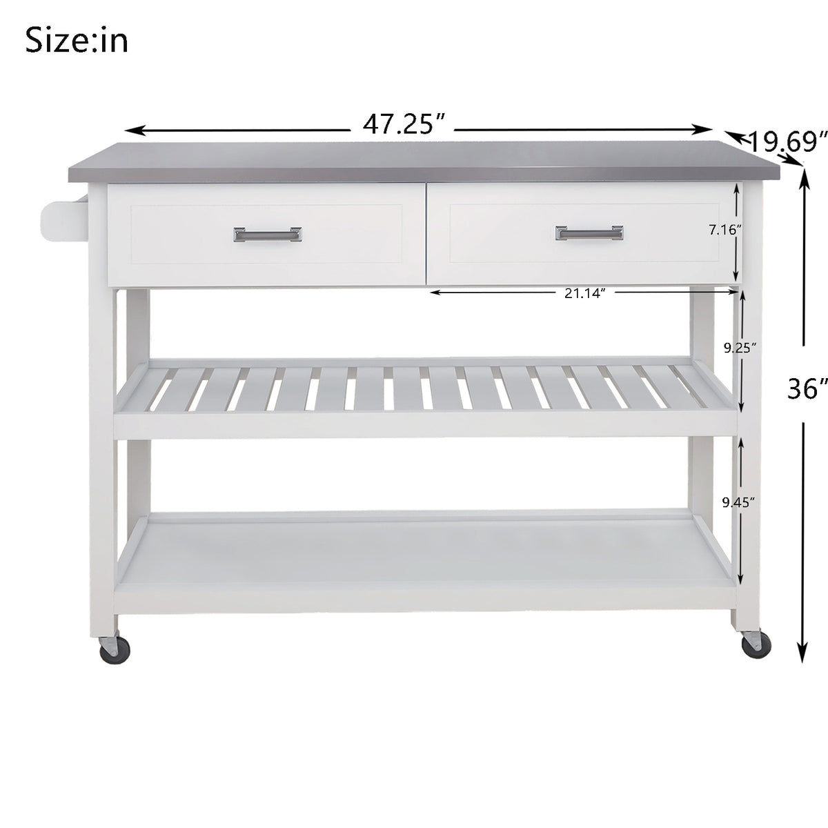 Stainless Steel Table Top White Kicthen Cart With Two Drawers White Mdf