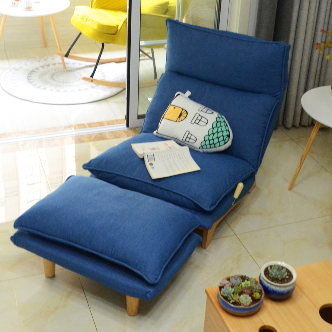 Lazy Sofa Balcony Leisure Chair Bedroom Sofa Chair Foldable Reclining Chair Leisure Single Sofa Functional Chair Dark Blue Metal & Wood Metal