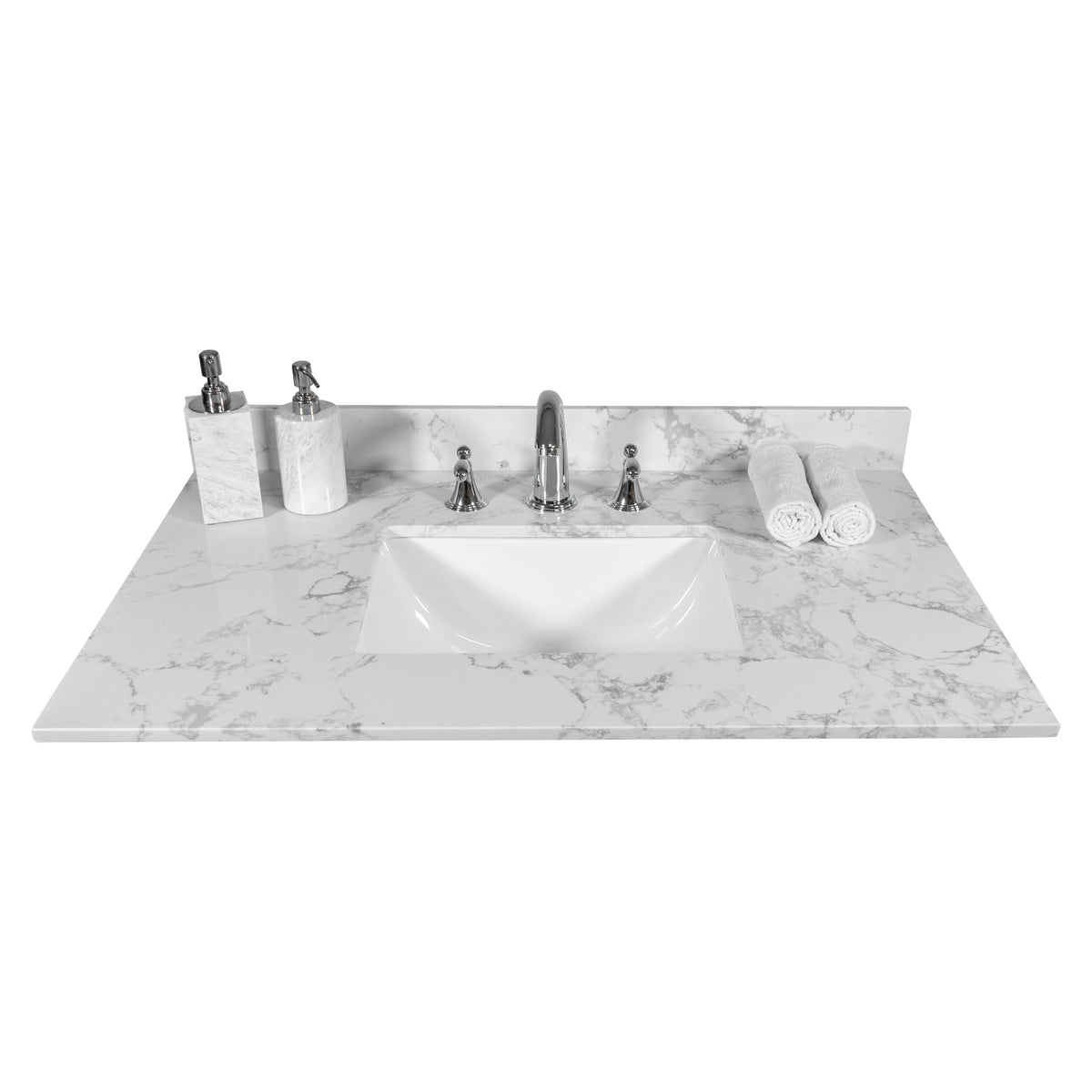 31Inch Bathroom Vanity Top Stone Carrara White Style Tops With Rectangle Undermount Ceramic Sink And Back Splash With 3 Faucet Hole For Bathrom Cabinet Grey Stone