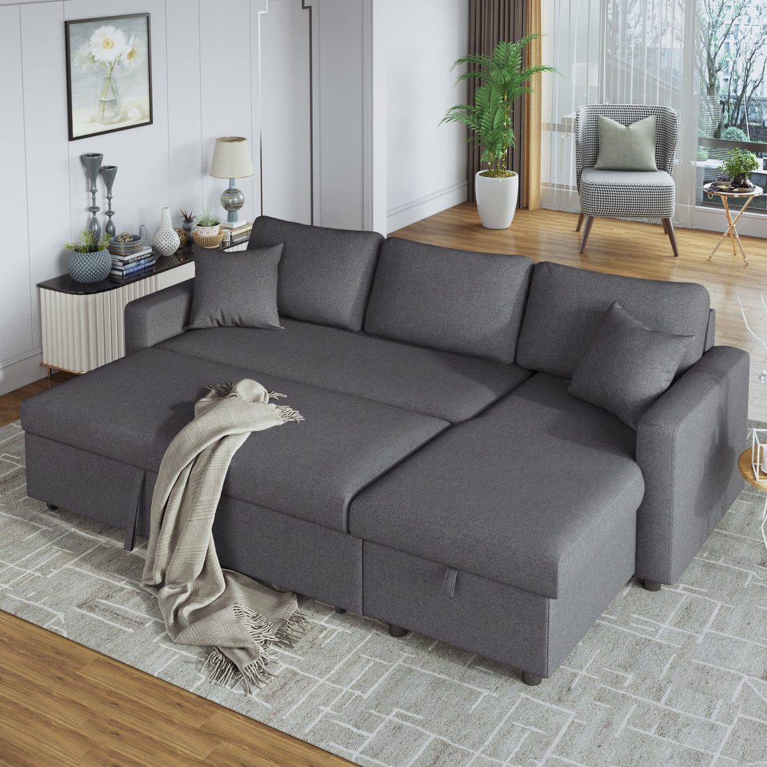 Upholstery Sleeper Sectional Sofa Grey With Storage Space, 2 Tossing Cushions Gray Upholstered 3 Seat