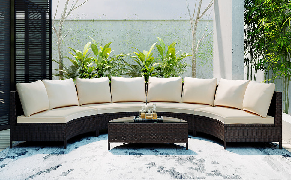 5 Pieces All Weather Brown Pe Rattan Wicker Sofa Set Outdoor Patio Sectional Furniture Set Half Moon Sofa Set With Tempered Glass Table, Beige Yes Complete Patio Set Beige Water Resistant Frame Water Resistant Cushion Garden & Outdoor Casual Sofa Seating