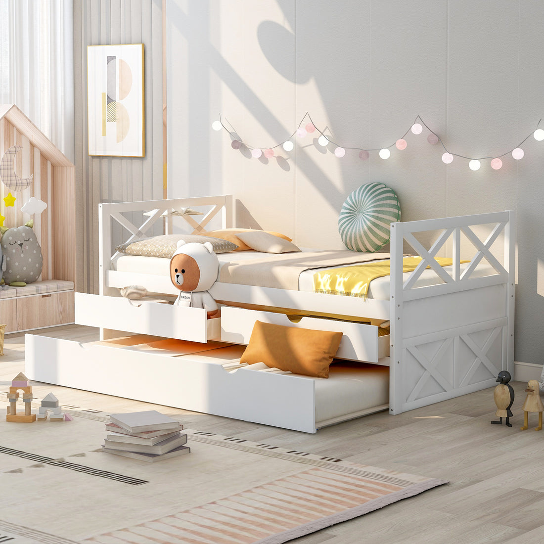 Multi Functional Daybed With Drawers And Trundle, White Box Spring Not Required Twin White Wood Daybeds Pine