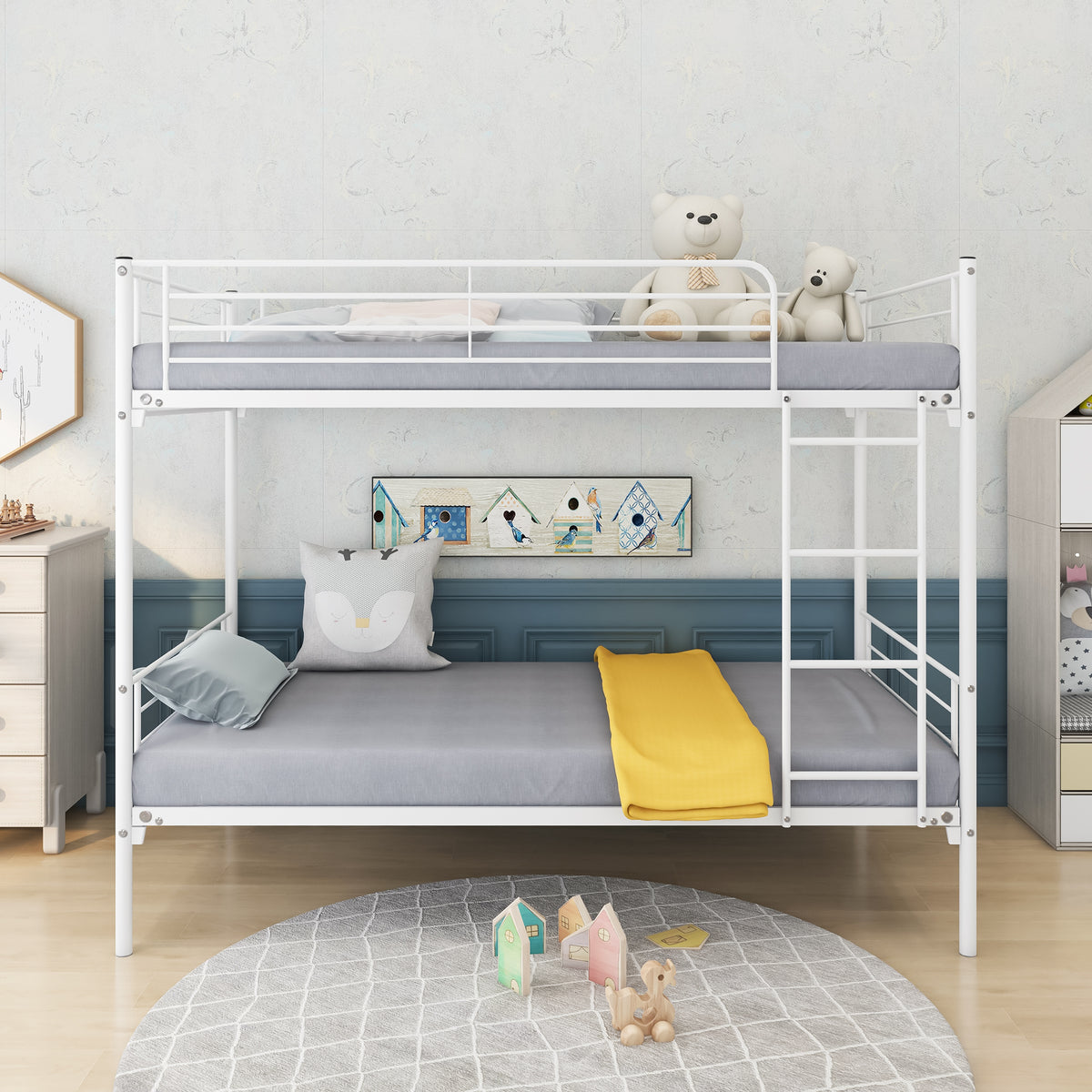 Twin Over Twin Bunk Bed With Metal Frame And Ladder, Space Saving Design,White White Metal