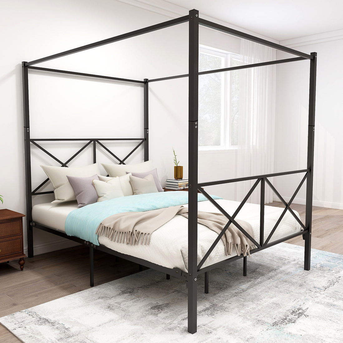 Metal Canopy Bed Frame, Platform Bed Frame Queen With X Shaped Frame Queen Black Box Spring Not Required Queen Black Metal Bedroom Bed Frame Metal