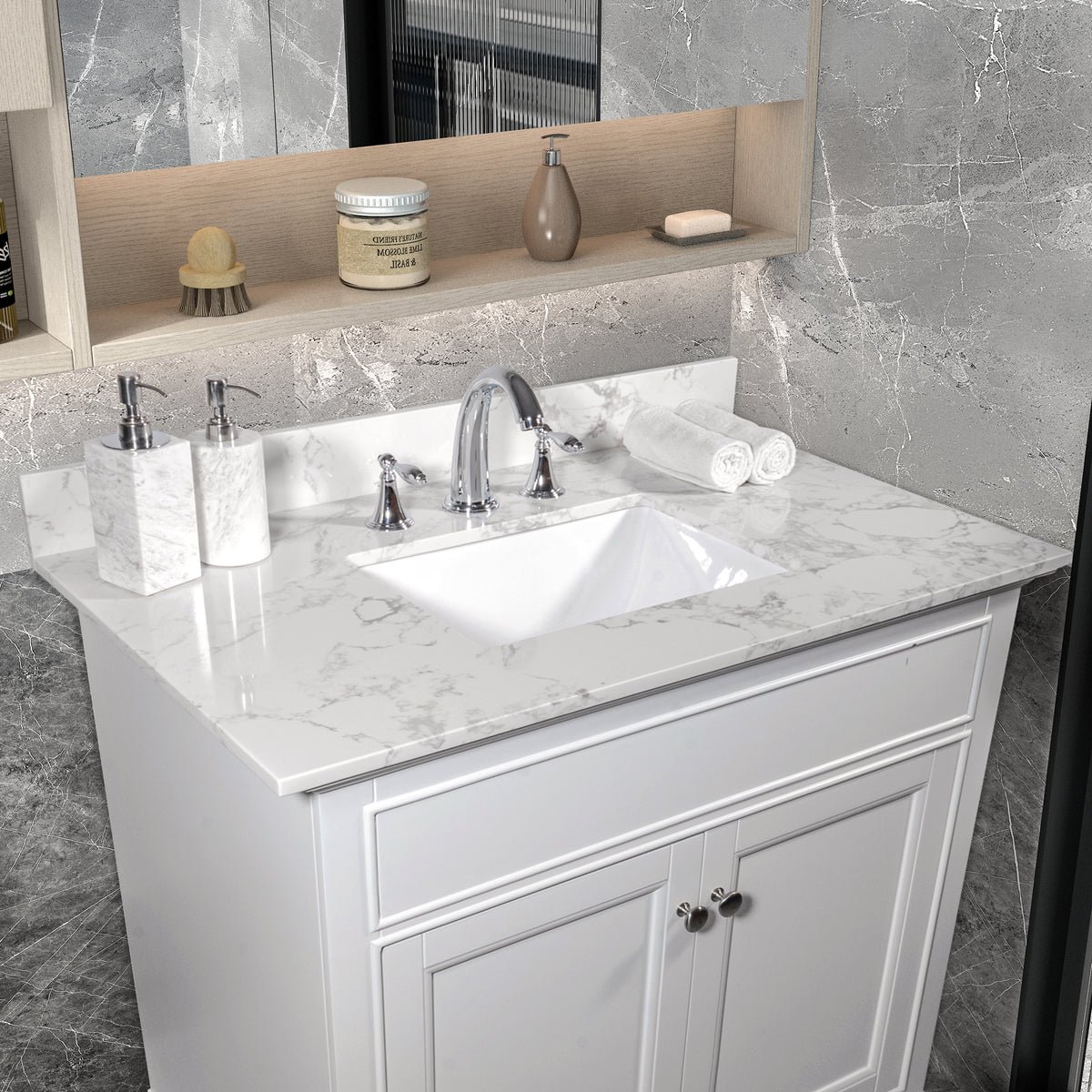 31Inch Bathroom Vanity Top Stone Carrara White Style Tops With Rectangle Undermount Ceramic Sink And Back Splash With 3 Faucet Hole For Bathrom Cabinet Grey Stone
