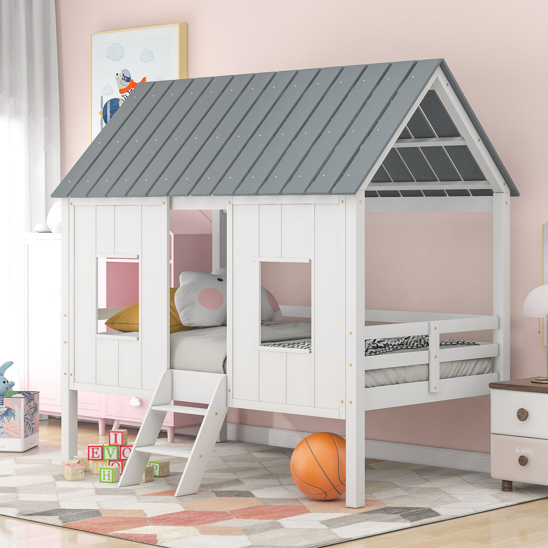 Twin Size Low Loft House Bed With Roof And Two Front Windowswhite White Pine