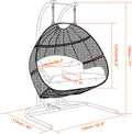 Charcoal Wicker Hanging Double Seat Swing Chair With Stand W Dust Blue Cushion Black Rattan
