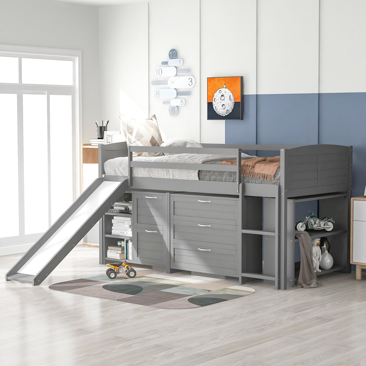 Low Twin Size Loft Bed With Cabinets, Shelves And Slide Gray Old Sku :Lp000503Aae Gray Solid Wood