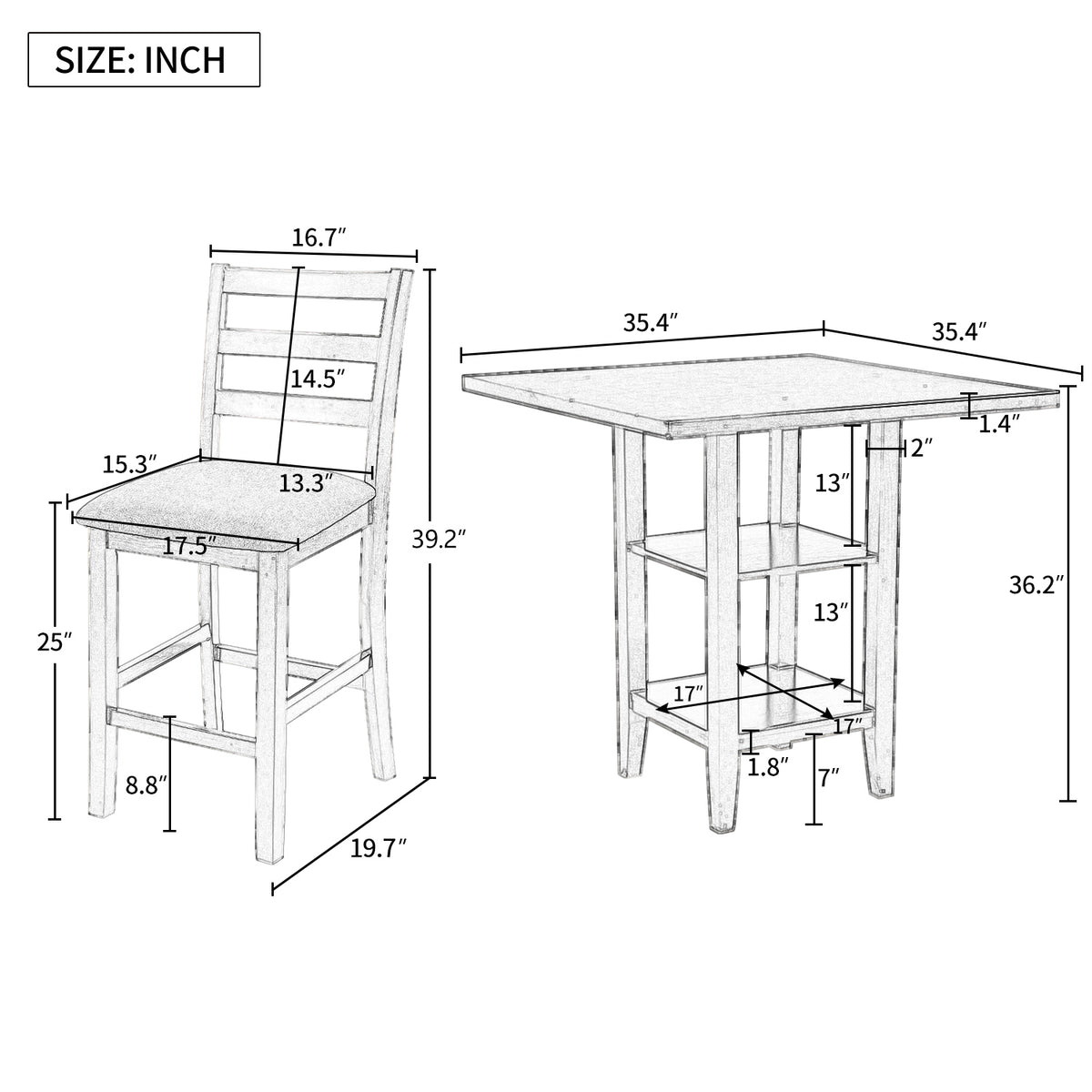 5 Piece Wooden Counter Height Dining Set With Padded Chairs And Storage Shelving Gray Gray Solid Wood