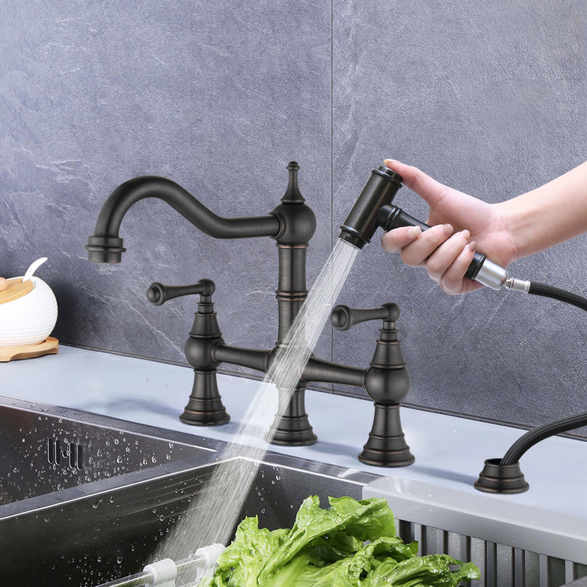 8 Inch Centerset Bridge Kitchen Faucet With Brass Side Sprayer 2 Handles 4 Holes Antique Classic Heritage Deck Mount Kitchen Sink Faucet Bronze Brass
