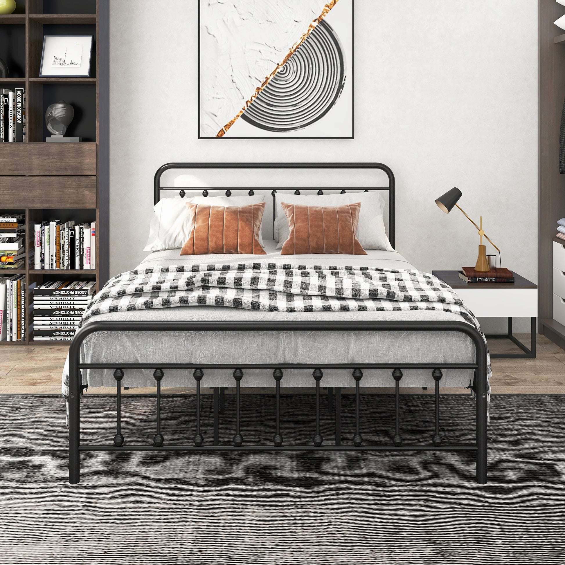 Metal Bed Frame Queen Size Platform No Box Spring Needed With Vintage Headboard And Footboard Premium Steel Slat Support Black Box Spring Not Required Queen Black Metal Bedroom Bed Frame Metal