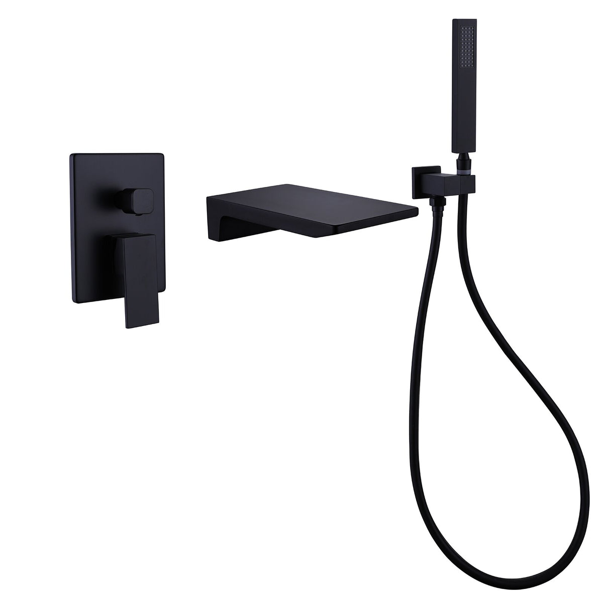 Wall Mount Tub Faucet Matte Black, Waterfall Wall Mount Tub Filler Faucet With Handheld Shower Brass, Bathtub Faucet Waterfall Spout High Flow Matte Black Brass