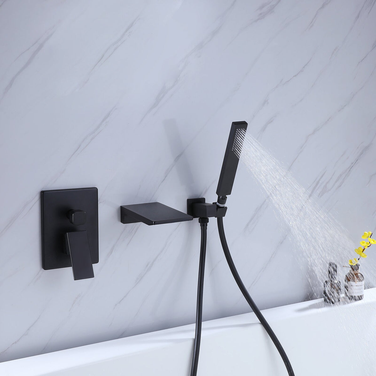 Wall Mount Tub Faucet Matte Black, Waterfall Wall Mount Tub Filler Faucet With Handheld Shower Brass, Bathtub Faucet Waterfall Spout High Flow Matte Black Brass
