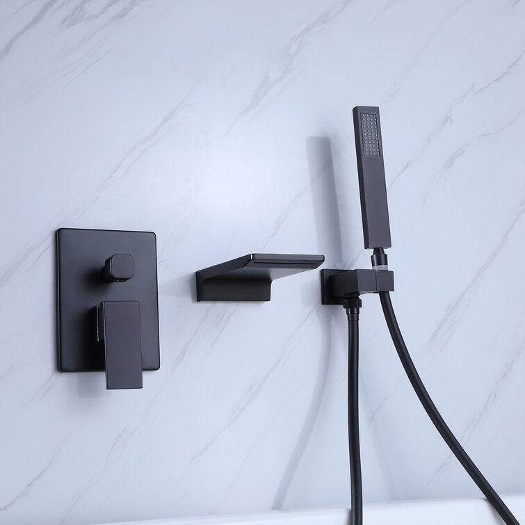 Wall Mount Tub Faucet Matte Black, Waterfall Wall Mount Tub Filler Faucet With Handheld Shower Brass, Bathtub Faucet Waterfall Spout High Flow Matte Black Brass