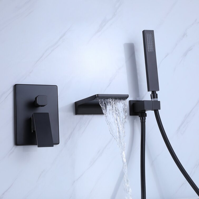 Wall Mount Tub Faucet Matte Black, Waterfall Wall Mount Tub Filler Faucet With Handheld Shower Brass, Bathtub Faucet Waterfall Spout High Flow Matte Black Brass