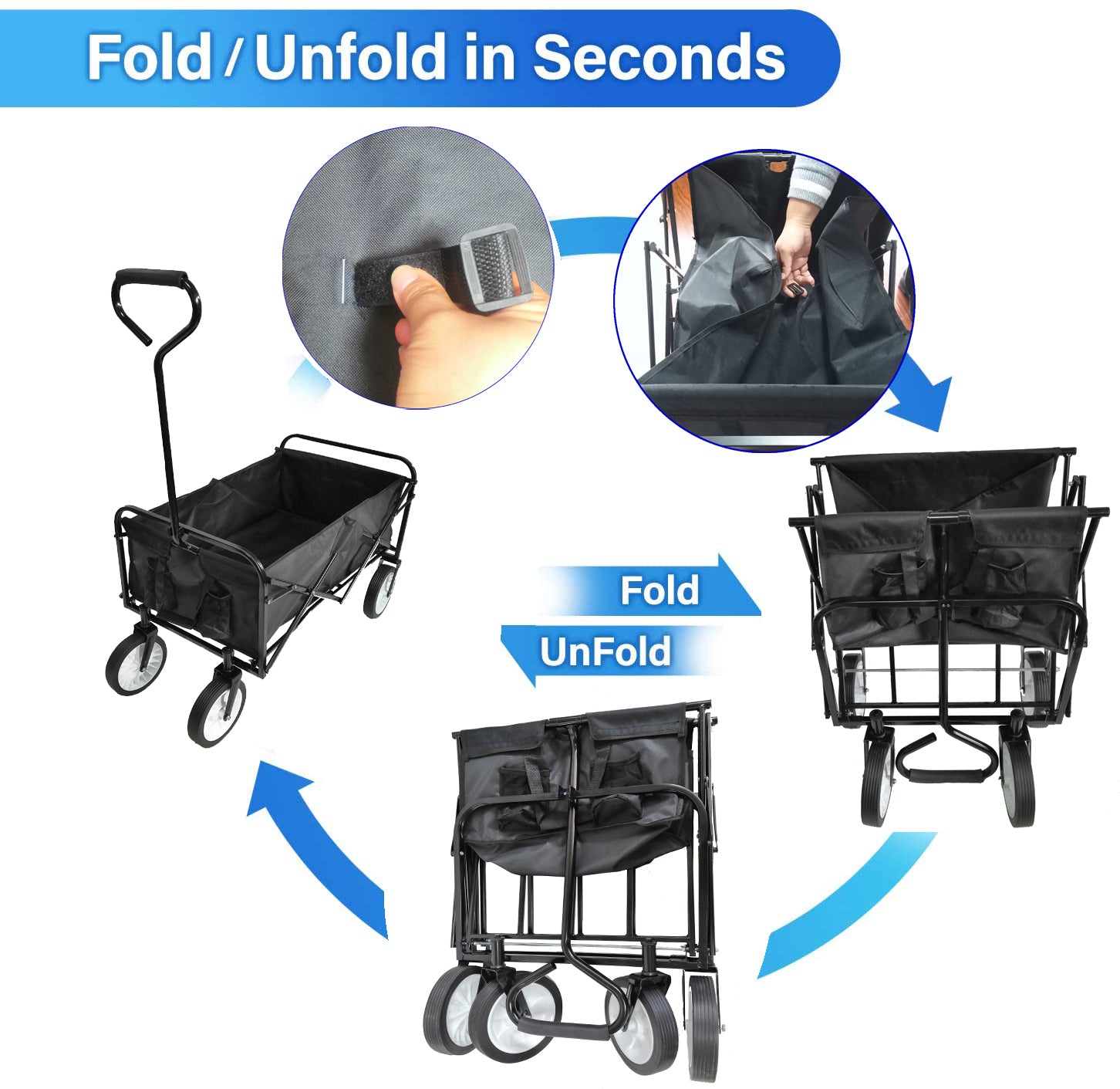 Folding Wagon Garden Shopping Beach Cart Black Black Steel