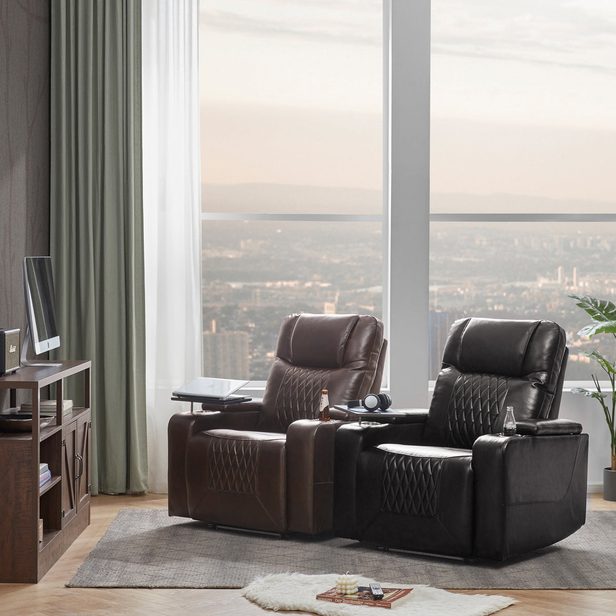 Power Motion Recliner With Usb Charging Port And Hidden Arm Storage 2 Convenient Cup Holders Design And 360 Swivel Tray Table,Brown Old Sku: Sg000630Aad Brown Foam Pu
