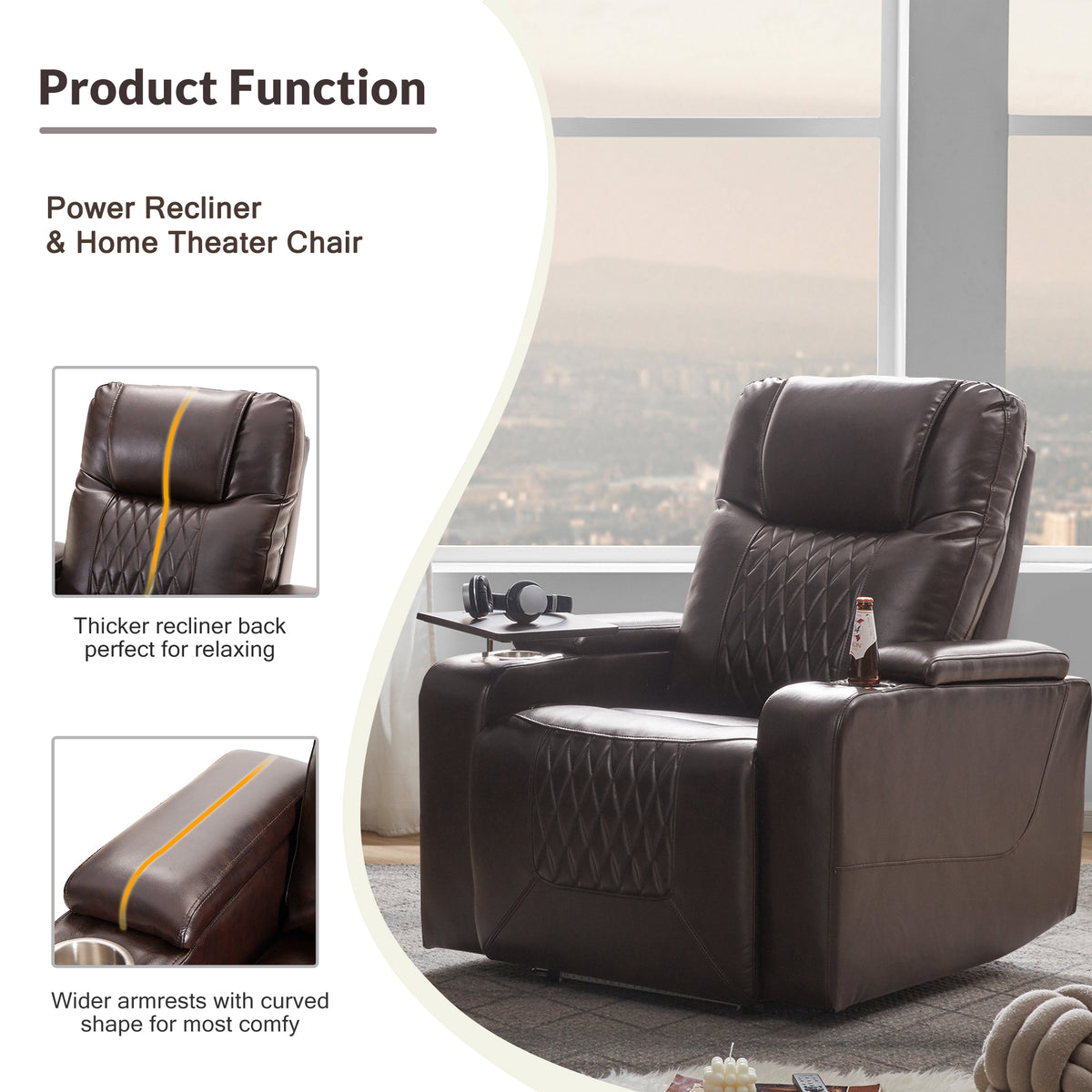 Power Motion Recliner With Usb Charging Port And Hidden Arm Storage 2 Convenient Cup Holders Design And 360 Swivel Tray Table,Brown Old Sku: Sg000630Aad Brown Foam Pu